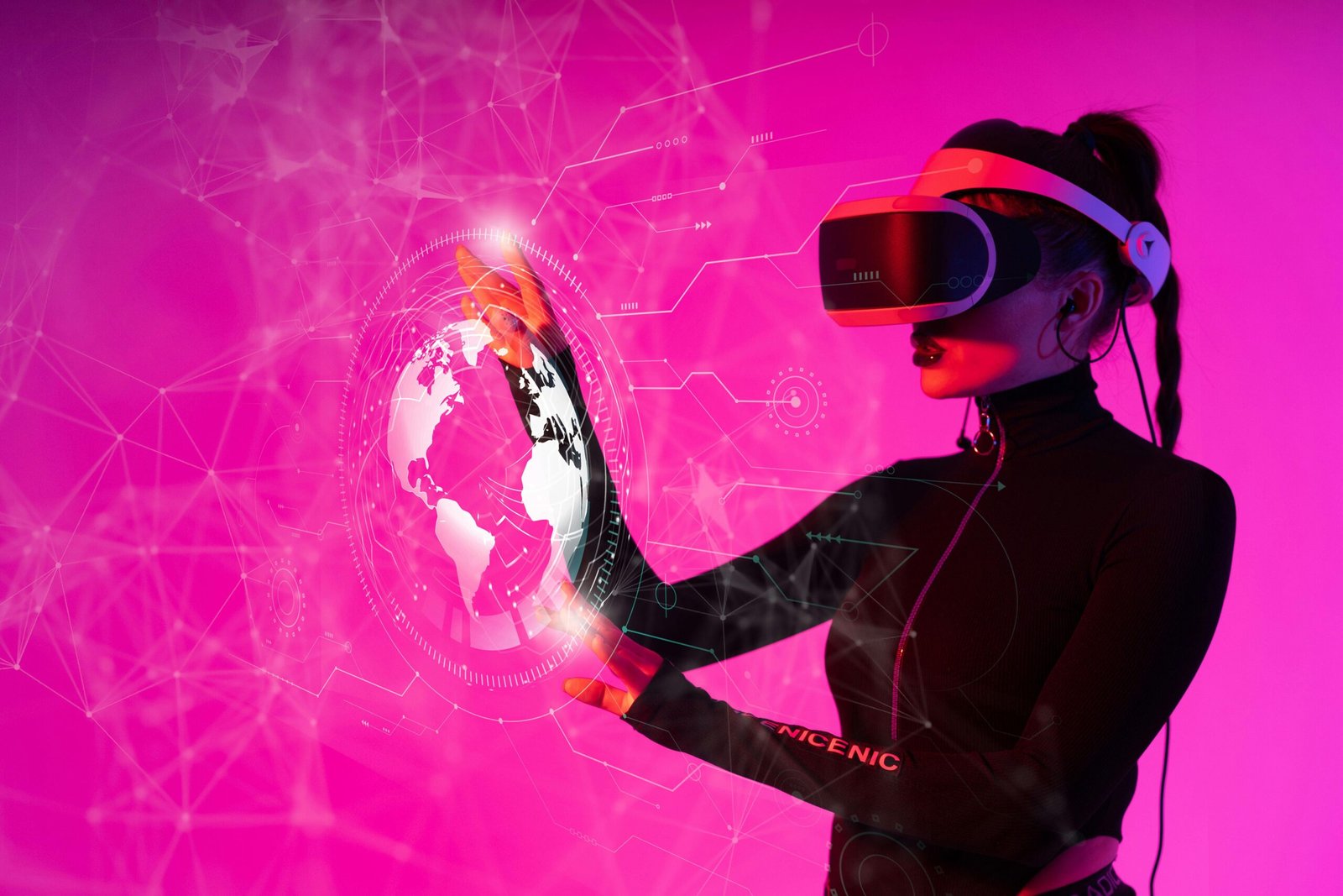 Home A woman interacts with a VR hologram in a futuristic studio setting.